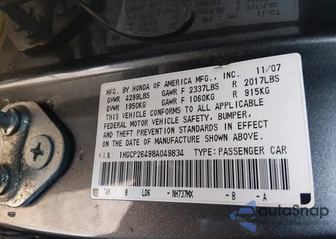 2008 Honda Accord 2.4 Lx-P z USA, uszkodzony, nr VIN 1HGCP26498A049834